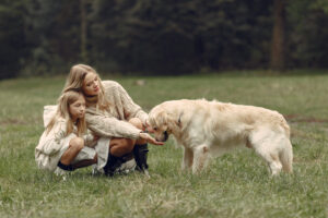 mutter und ihre tochter spielen mit hund familie im herbstpark haustier haustier und lebensstilkonzept